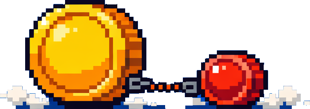 A big golden pixel coin towing a small red coin on a rope